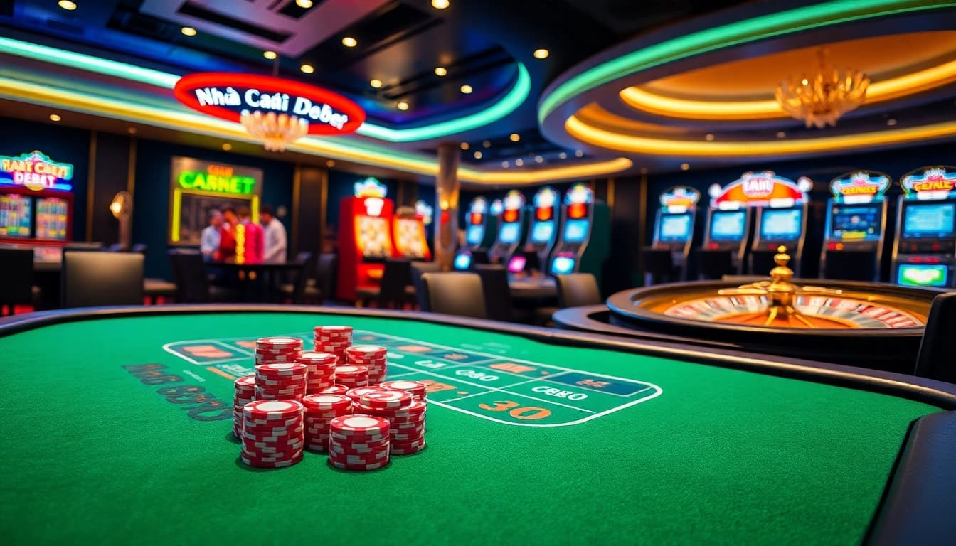 Engaging scene at Nhà Cái DEBET casino with players at poker tables and vibrant slot machines.