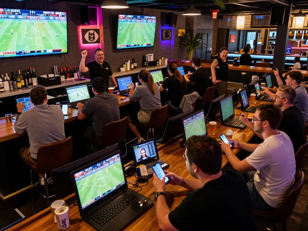 Enjoying sports betting at OKFUN with mobile devices in a lively bar atmosphere