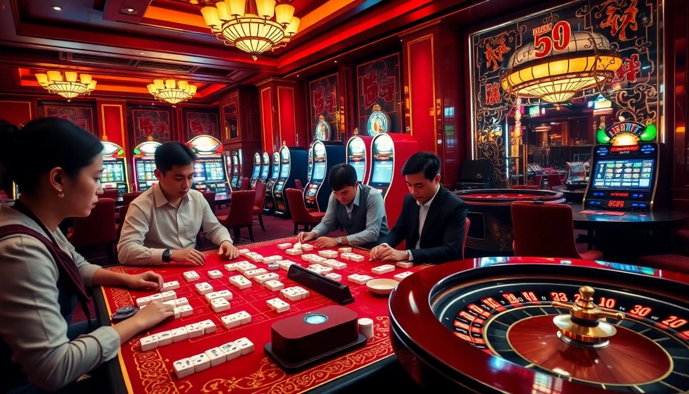 Players enjoy the thrilling hm88 game at a vibrant casino table filled with excitement.
