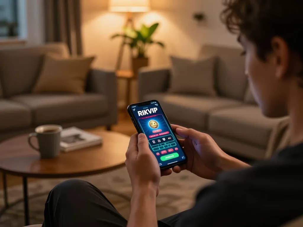 Engaging with the RIKVIP app on a smartphone in a cozy home environment, showcasing the mobile gambling experience.