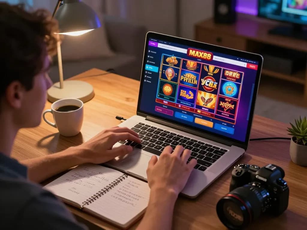 Max88 user enjoying a thrilling online gaming session with casino slots displayed on the laptop.