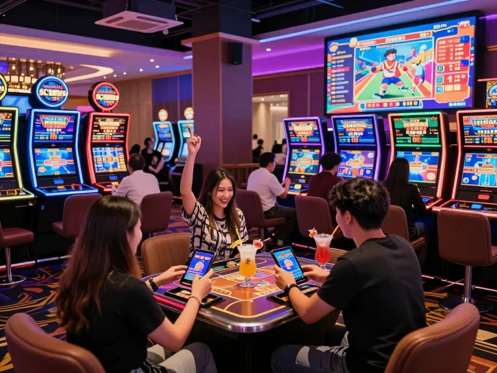 Exciting gaming atmosphere at sc88e.com featuring players engaging with mobile games in a vibrant virtual casino.