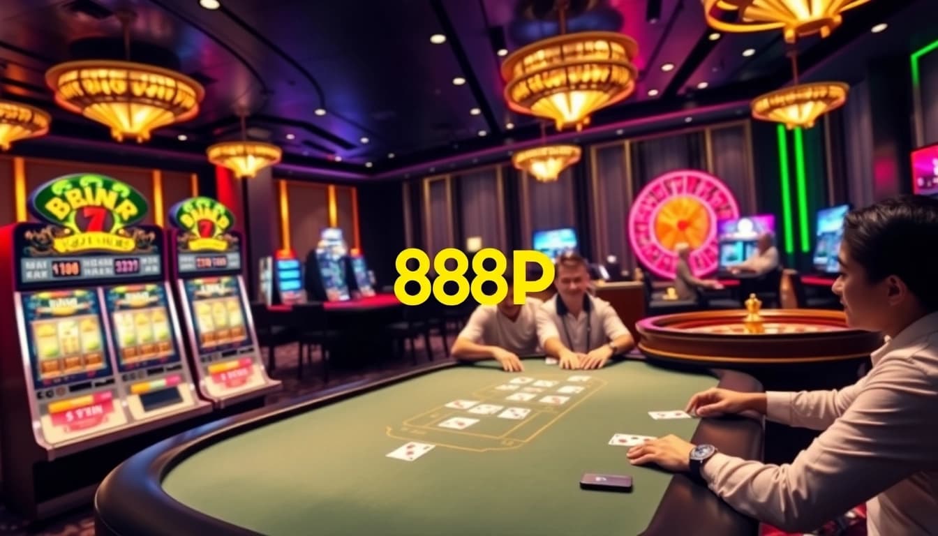 Players engage in thrilling gaming at 888p đăng ký, featuring poker cards and vibrant slots.