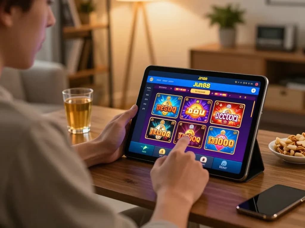 Player enjoying Link Vào Jun88 on a tablet in a cozy home setting, showcasing online gaming entertainment.