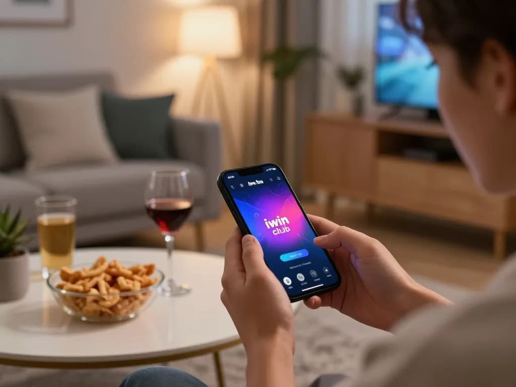 Engaged player using iwin club app on smartphone in a cozy home setting.
