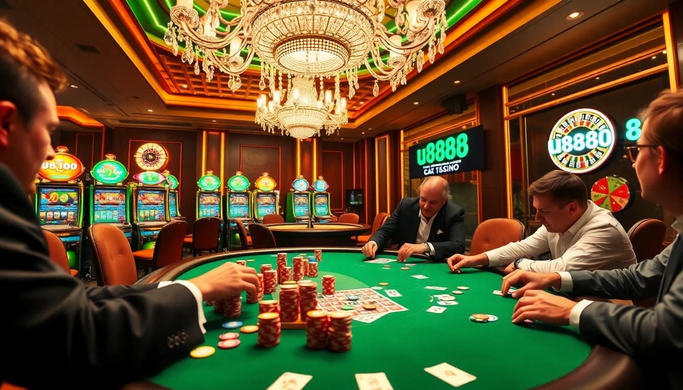 Experience the thrill of high-stakes poker at u88888 casino with vibrant chips and intense players.