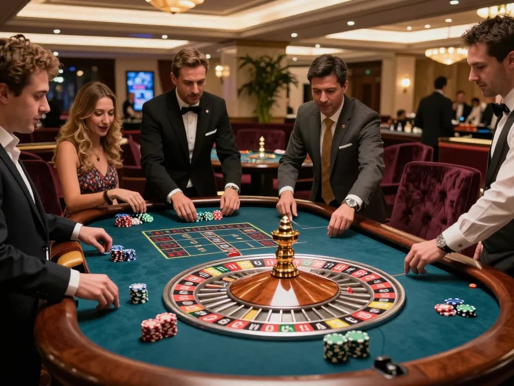 Players engaged in an exciting roulette game at LV88 casino amidst a vibrant atmosphere.