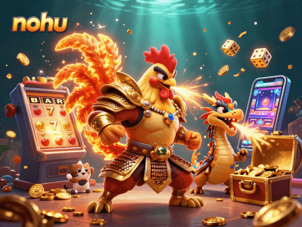 Experience nohu's adventurous slots with a fighting rooster and dragon amid jackpot excitement.