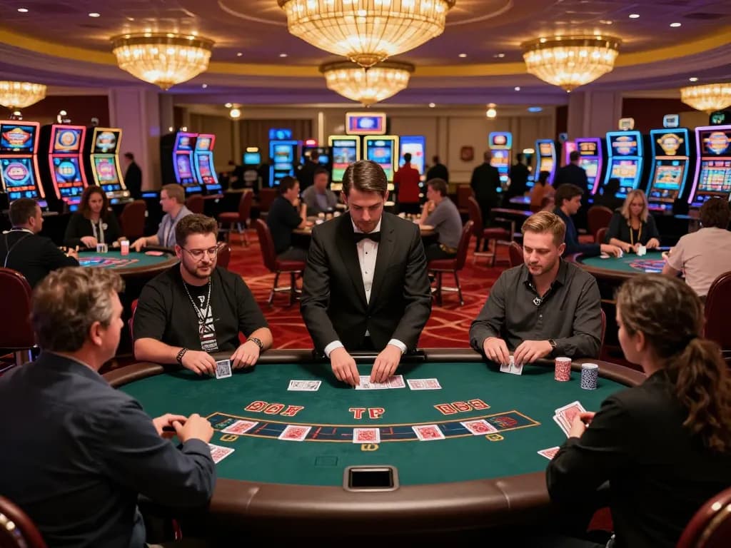Hit club players strategizing their next move at a busy blackjack table in a vibrant casino.
