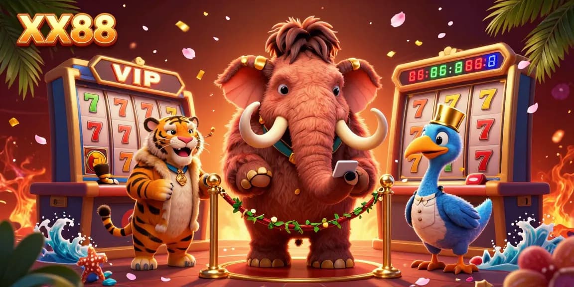 Play exciting slots at XX88, featuring a vibrant casino scene with 3D characters and dynamic gaming elements.