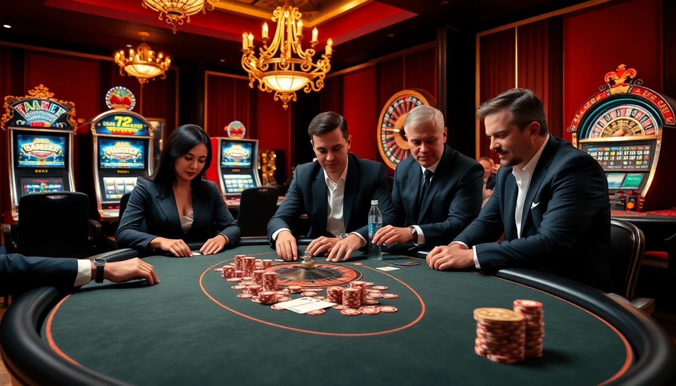 Gamblers enjoying a high-stakes poker game at 888neww8.com casino, capturing excitement and strategy.