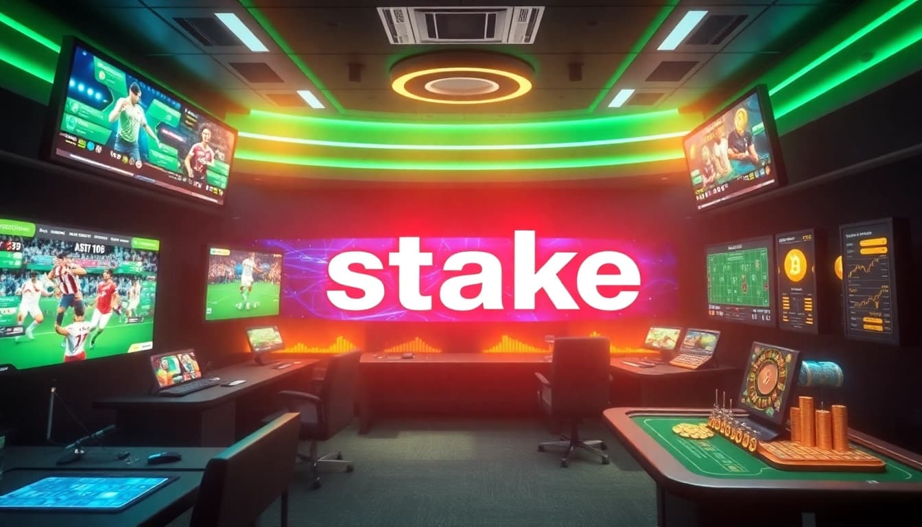 ממשק הימורים מקוון דינמי המציג Stake סוכן בצבעים חיים ואלמנטים משחקיים מודרניים.
