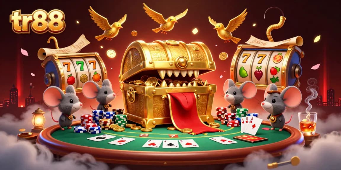 Experience the thrill of tr88 with a stunning illustration featuring vibrant slot reels and a treasure chest.