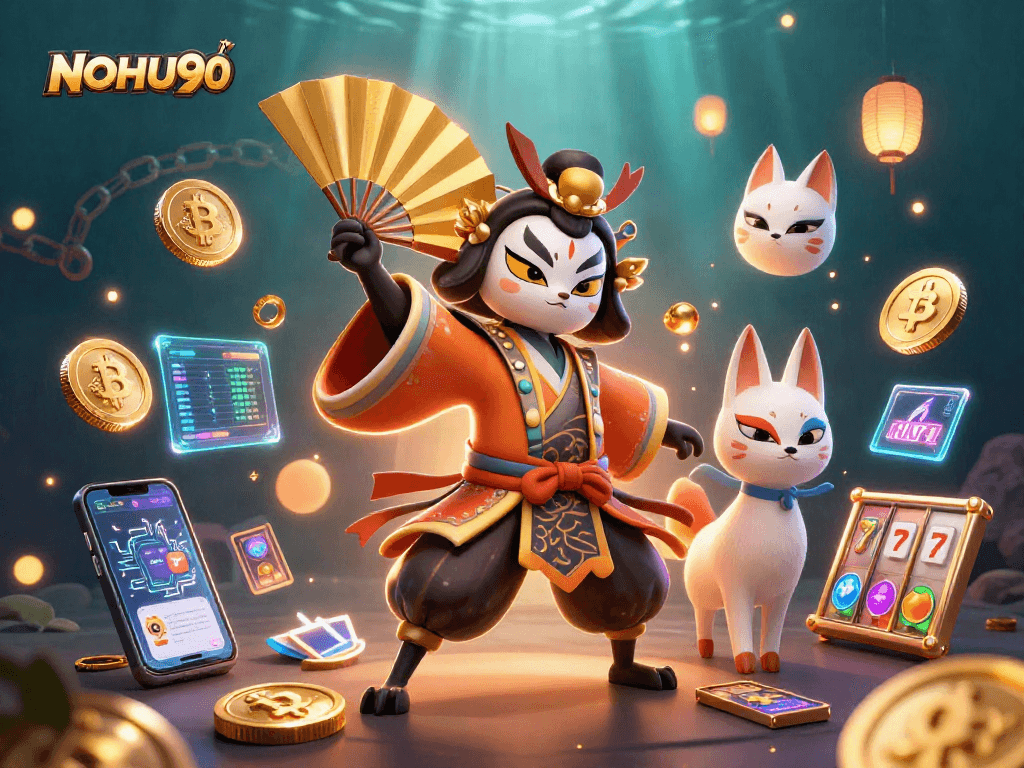 Engage with the exciting NOHU90 casino experience featuring vibrant 3D characters and crypto elements.
