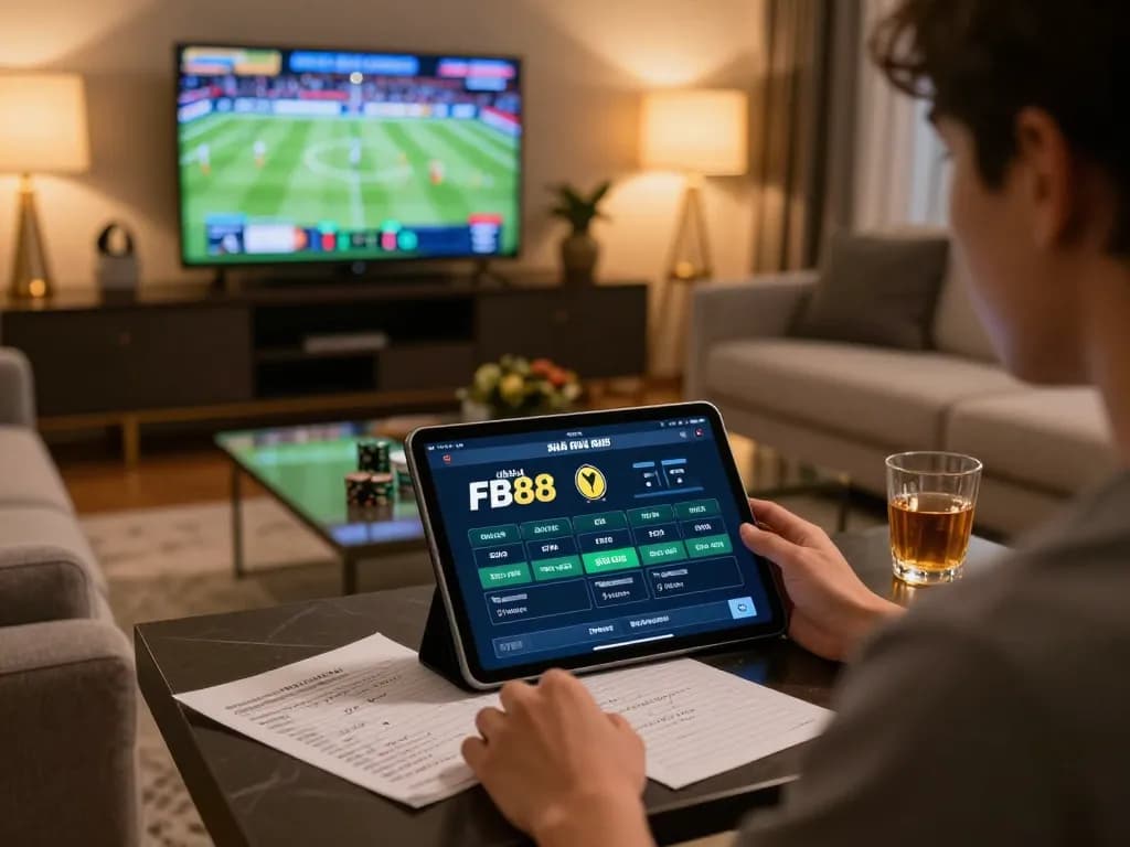 Engage with nhà cái FB88 on a tablet while enjoying sports in a cozy setting.