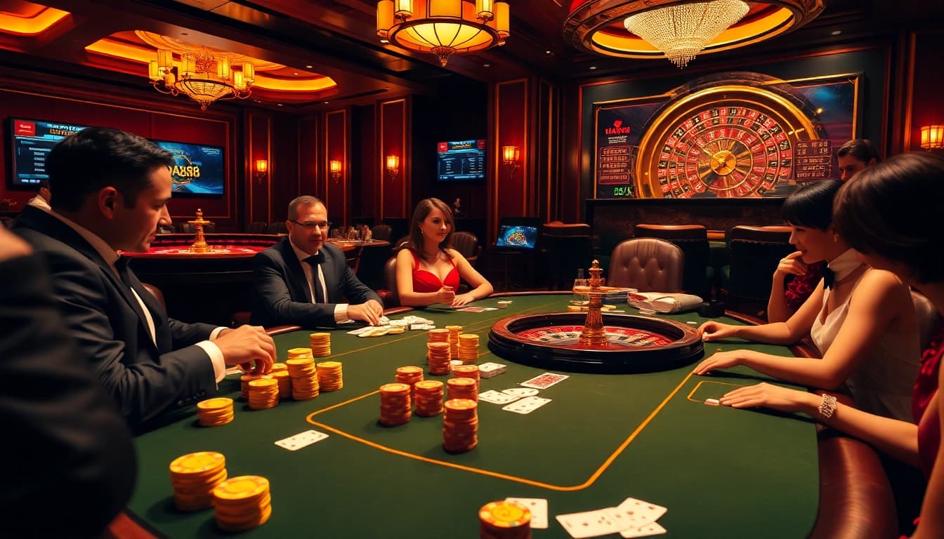 Engage with high-stakes excitement at DA88 casino with poker players and vibrant chips.