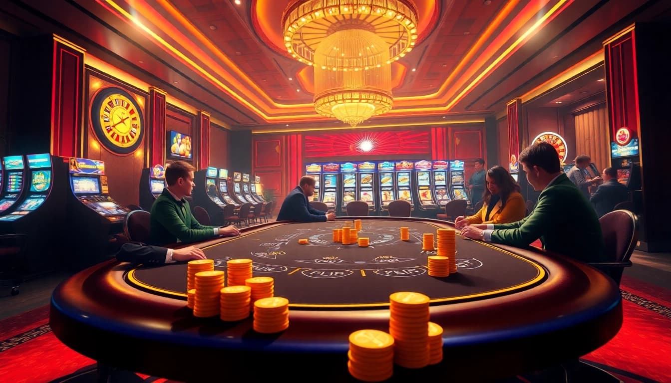 Experience high-stakes gameplay at f8bet.com with luxury poker tables and vibrant casino elements.