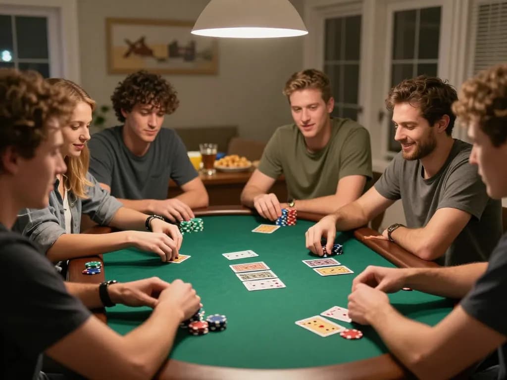 Friends enjoying a poker night game at home, showcasing lively interactions and strategy, highlighting 789WIN excitement.