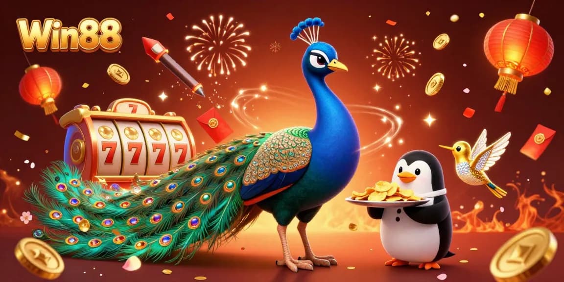 Engage with Win88's vibrant online casino world, featuring dynamic slot reels and whimsical characters.