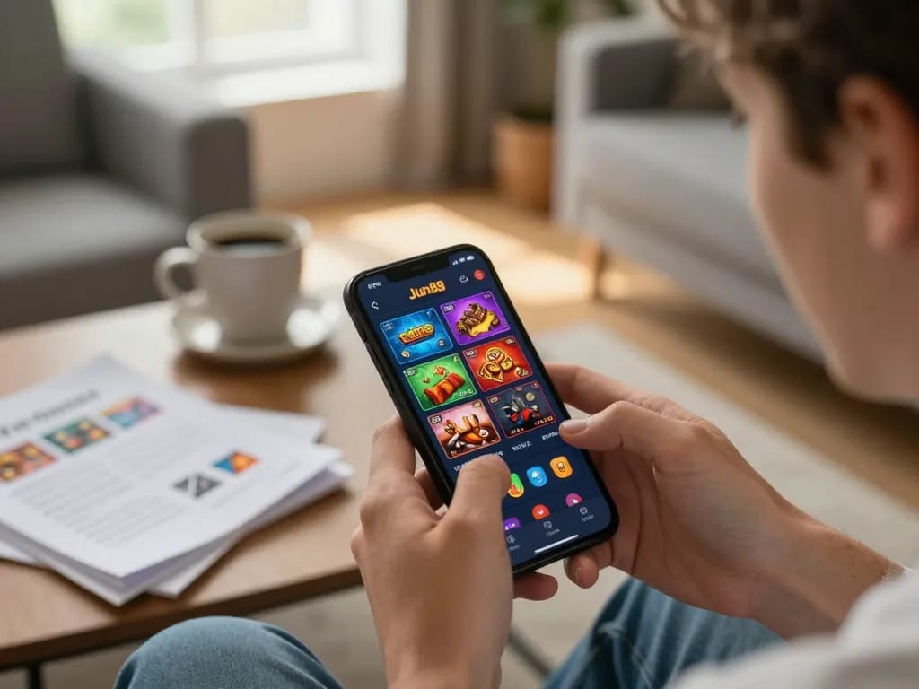 Engaging with trang chủ jun88 on a smartphone, showcasing thrilling online gaming options in a cozy home setting.