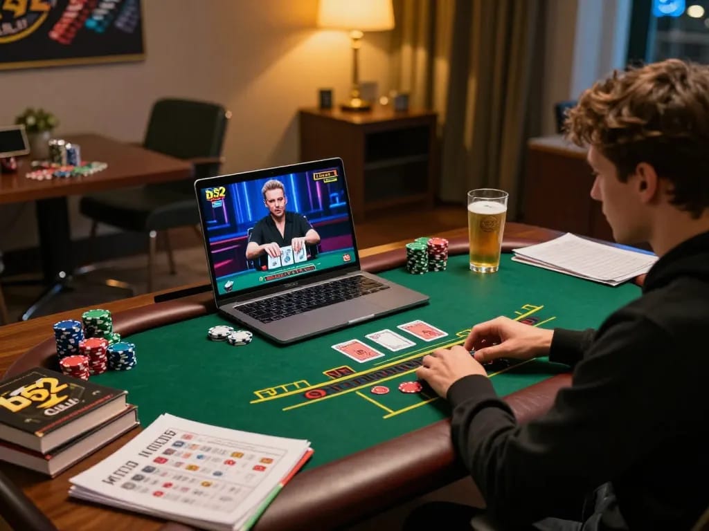 B52 club online player engaged in a Blackjack game, showcasing an immersive home gaming setup.