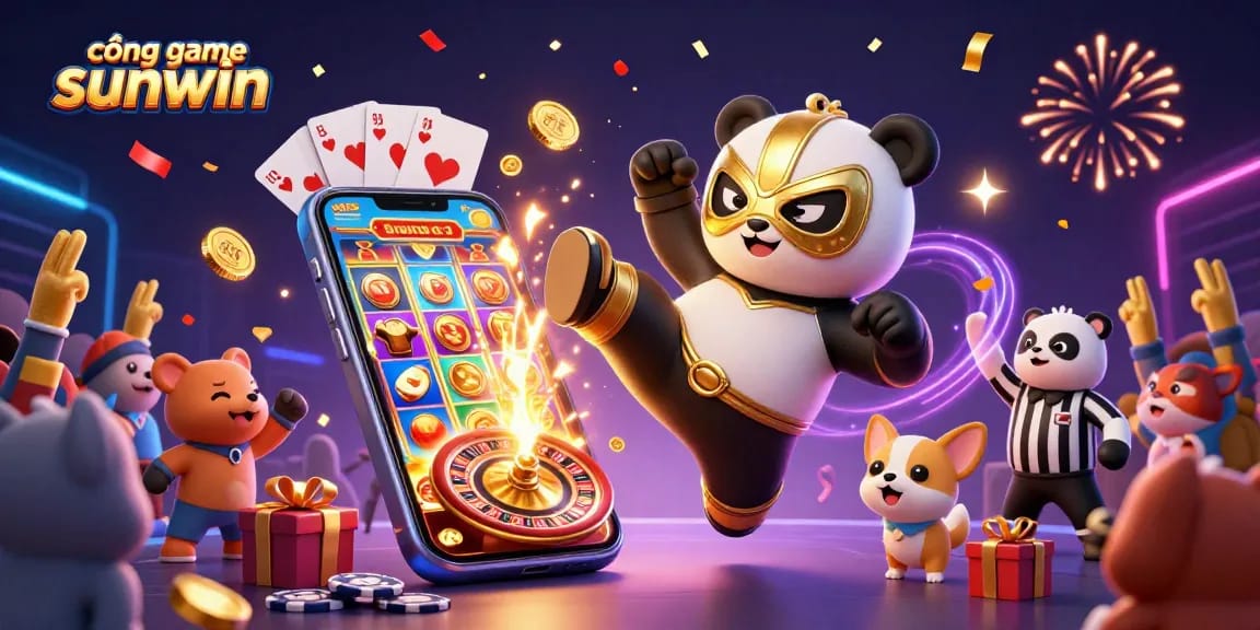 Engage in exciting wins at cổng game sunwin with vibrant 3D illustration of a panda wrestler and lively casino elements.