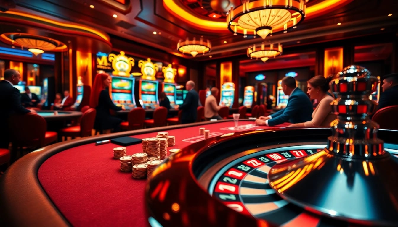 High-stakes poker action at 68VIP casino with chips and a roulette wheel.