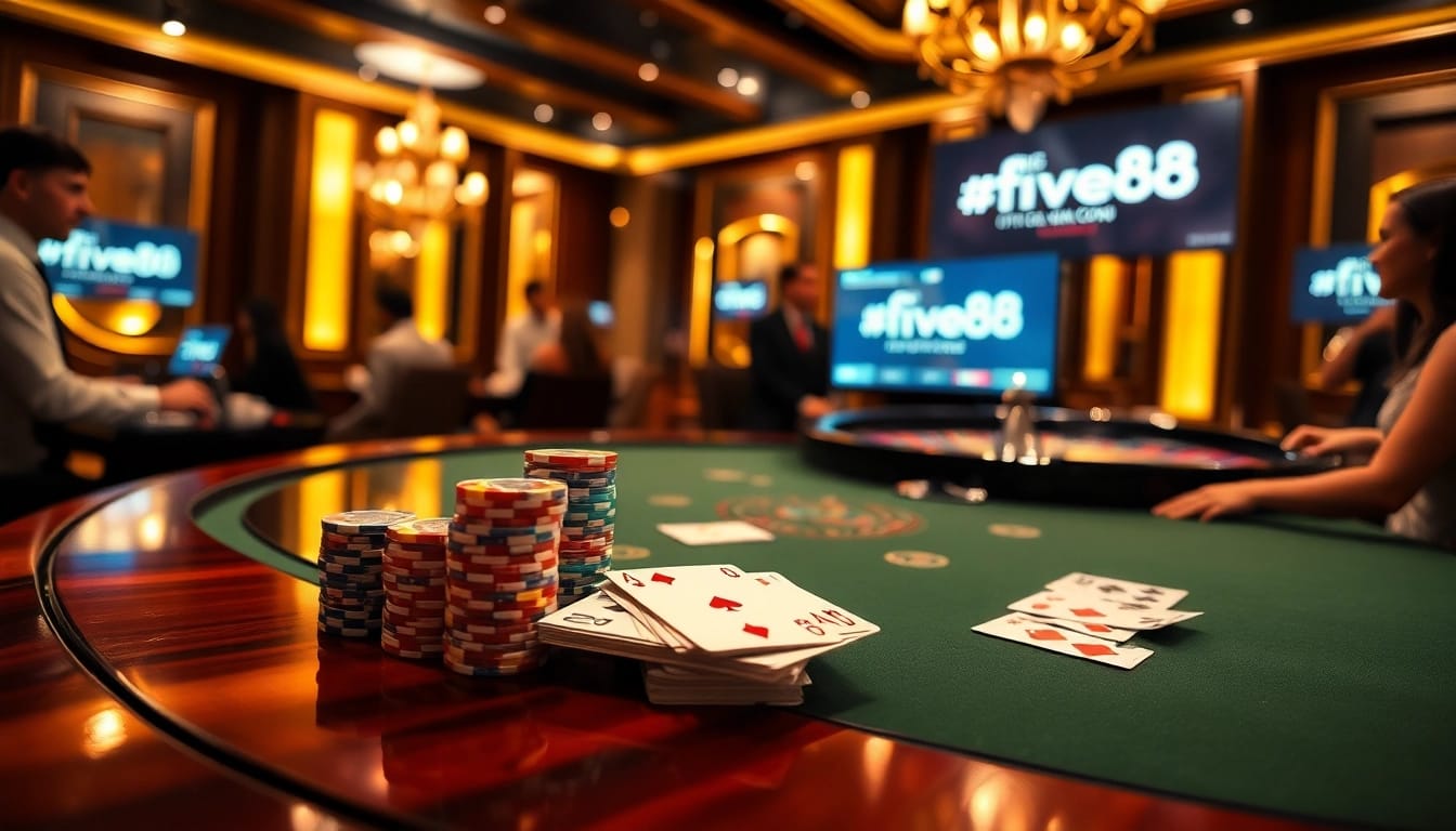 Experience thrilling poker action at https://five88.za.com/ with vibrant chips, cards, and casino ambiance.