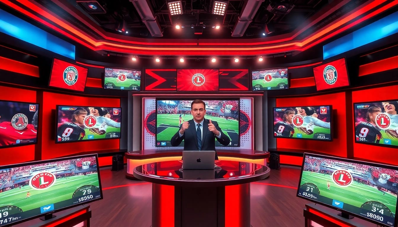 Dynamic live sports broadcasting scene showcasing a professional sportscaster.