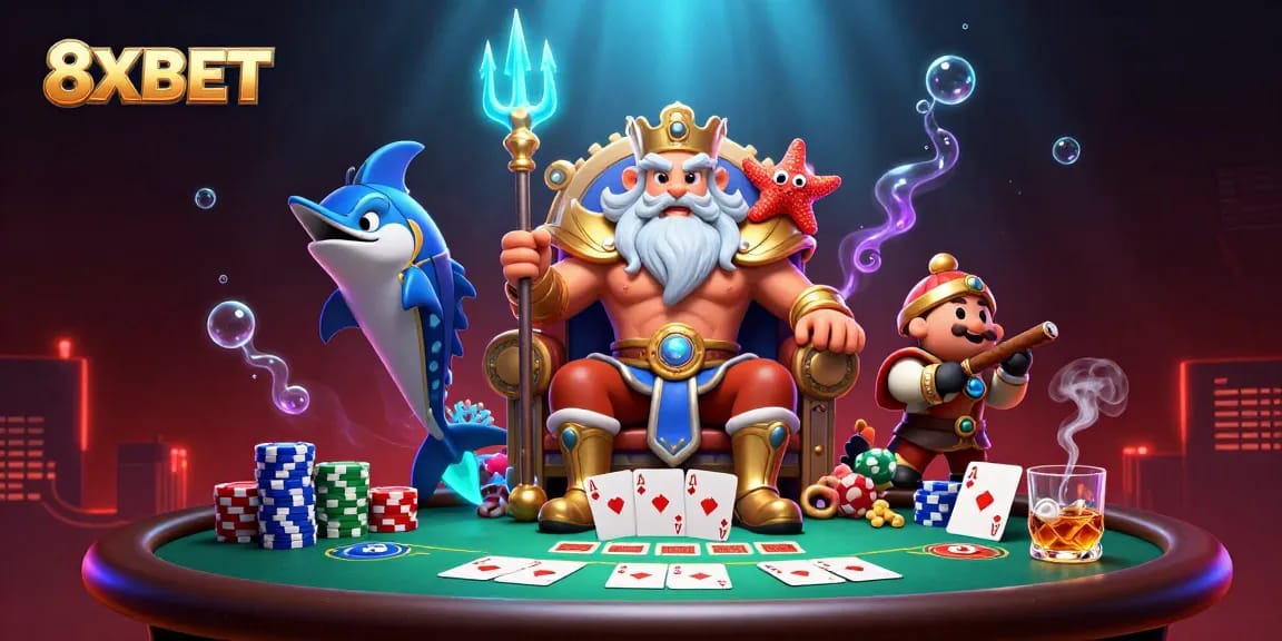 Engage with exciting poker action at 8XBET with Neptune and friends under the ocean