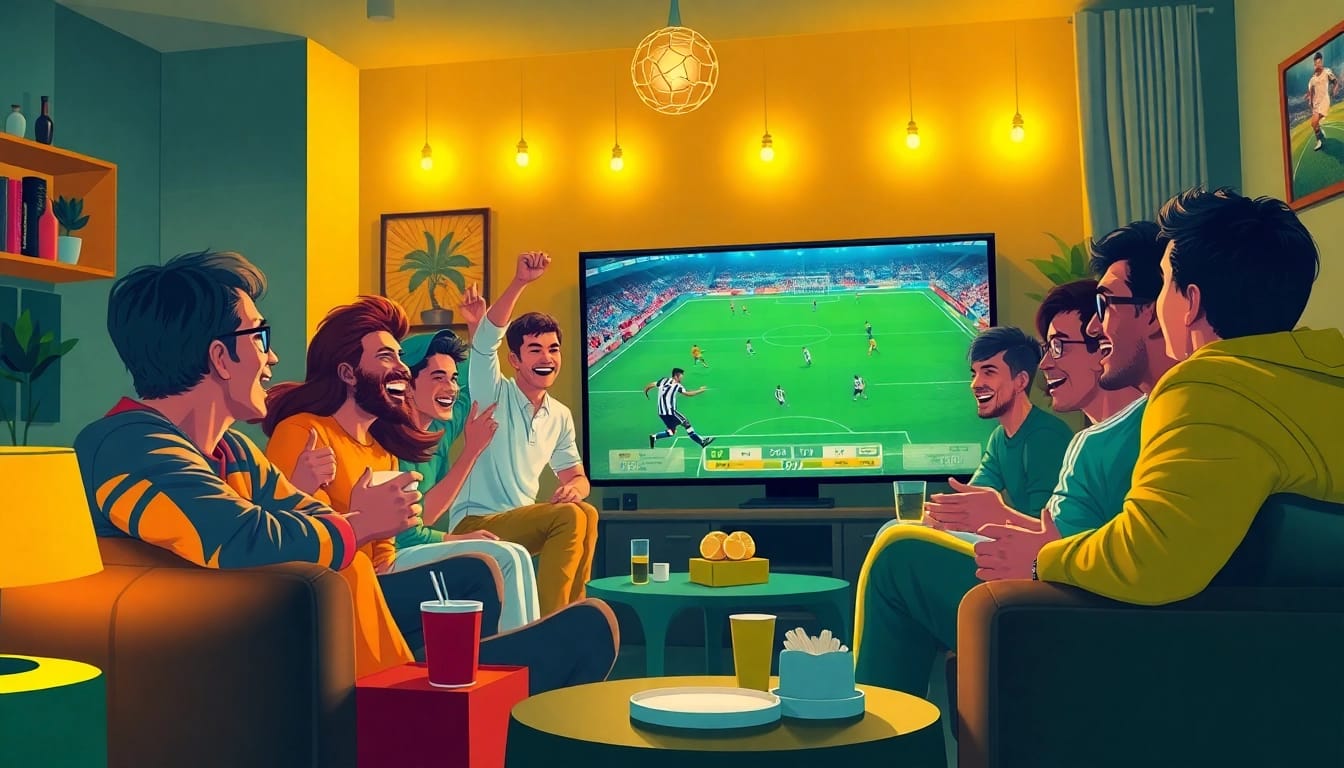 Socolive football fans cheering in a cozy living room while watching a live match.