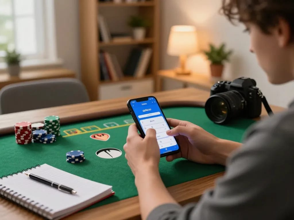 Player using the go88a.bid app on a smartphone for mobile gambling, surrounded by poker chips and strategy notes.