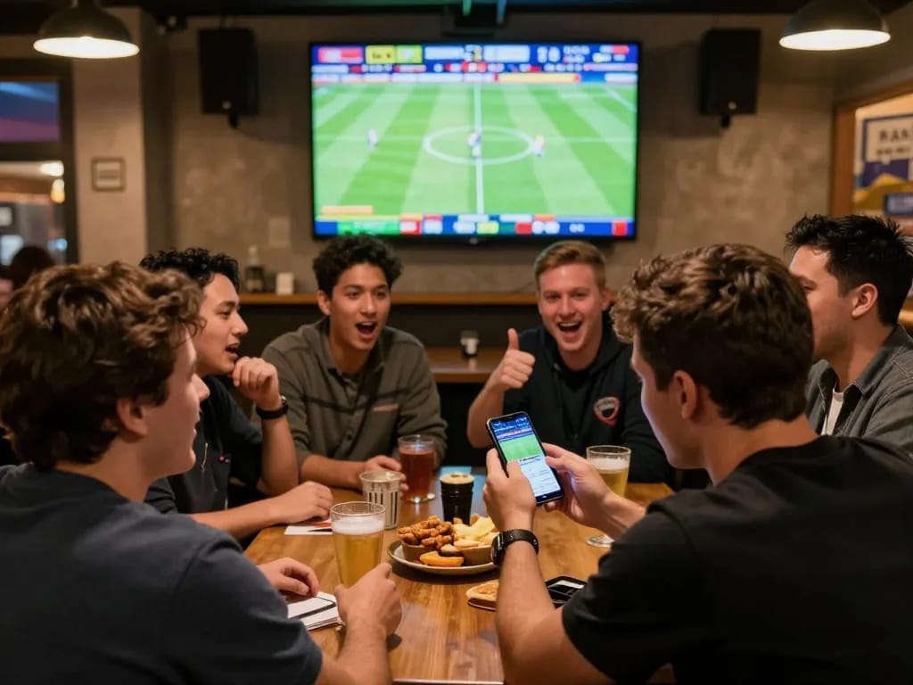 Engage in sports betting at Nhà cái FC88, with fans placing live bets in an exciting sports bar atmosphere.