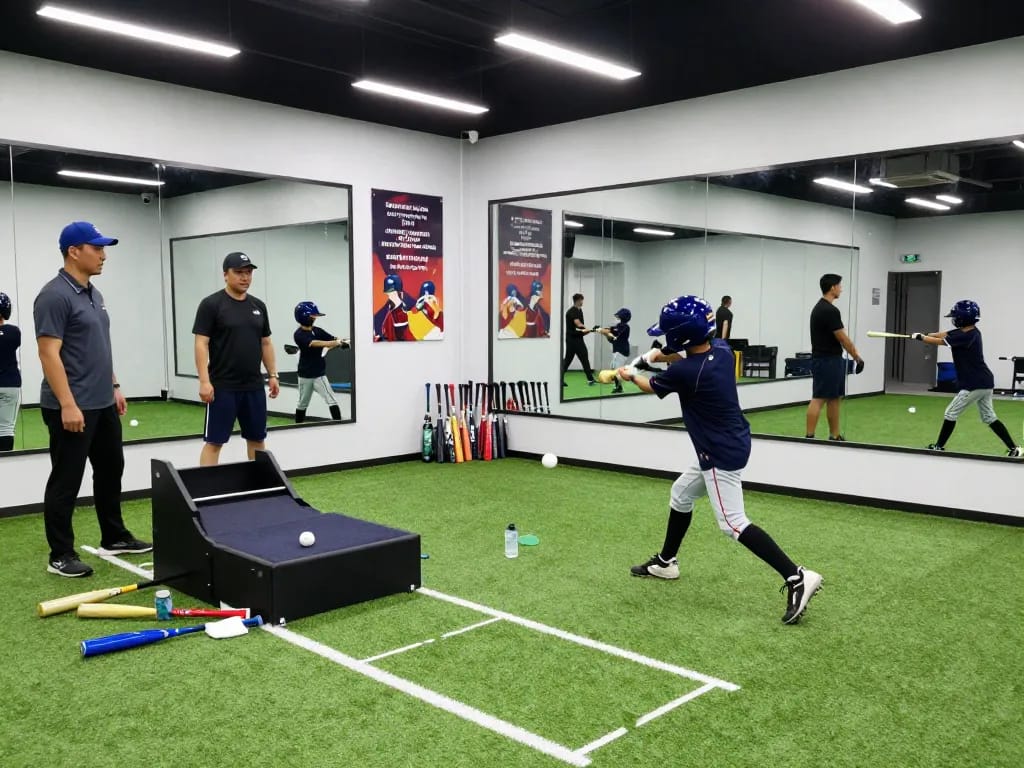Hitclub baseball training scene with young athletes practicing batting techniques in a modern indoor facility