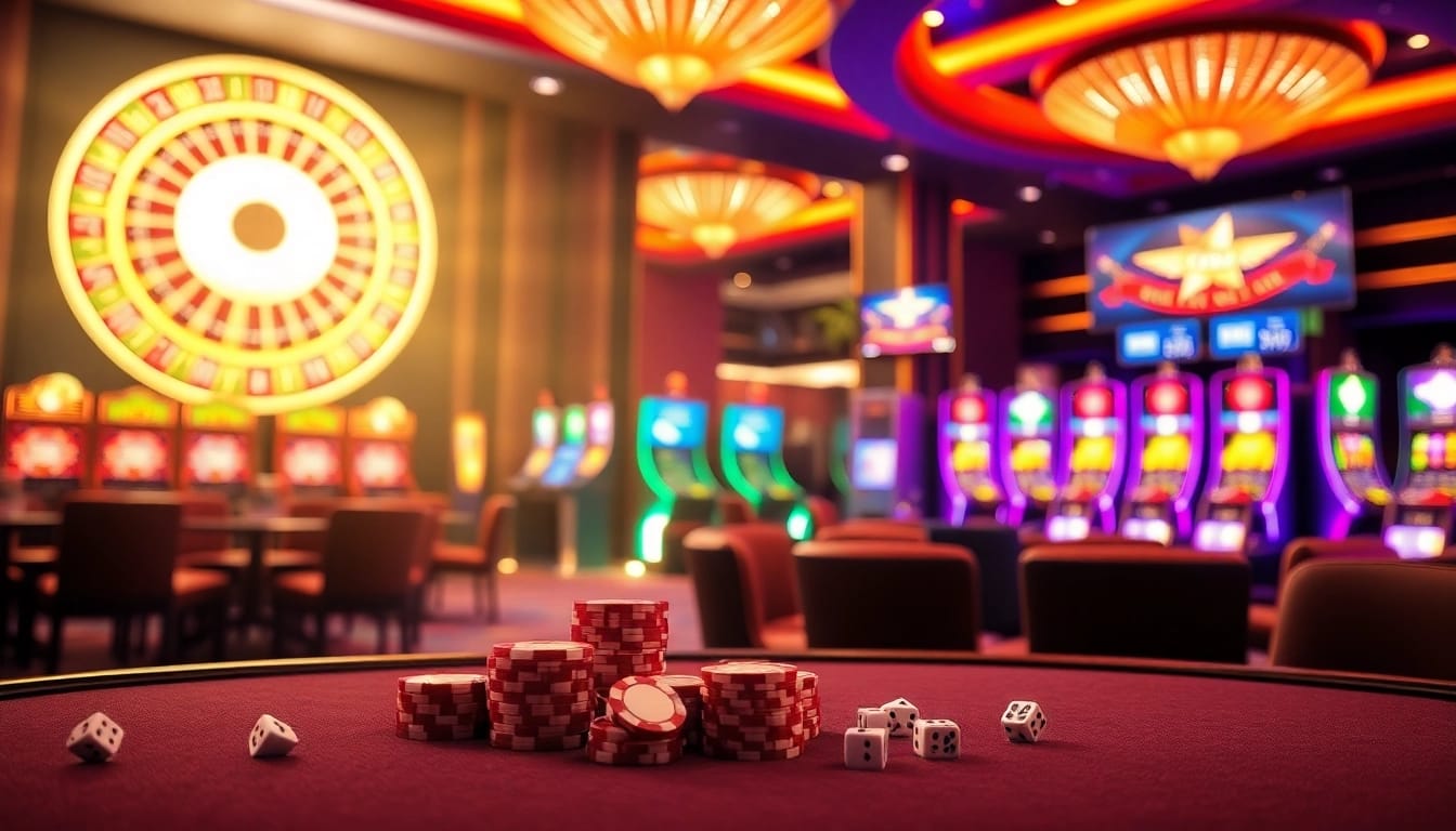 Gamble at km1888b with vibrant casino tables, poker chips, and slot machines.