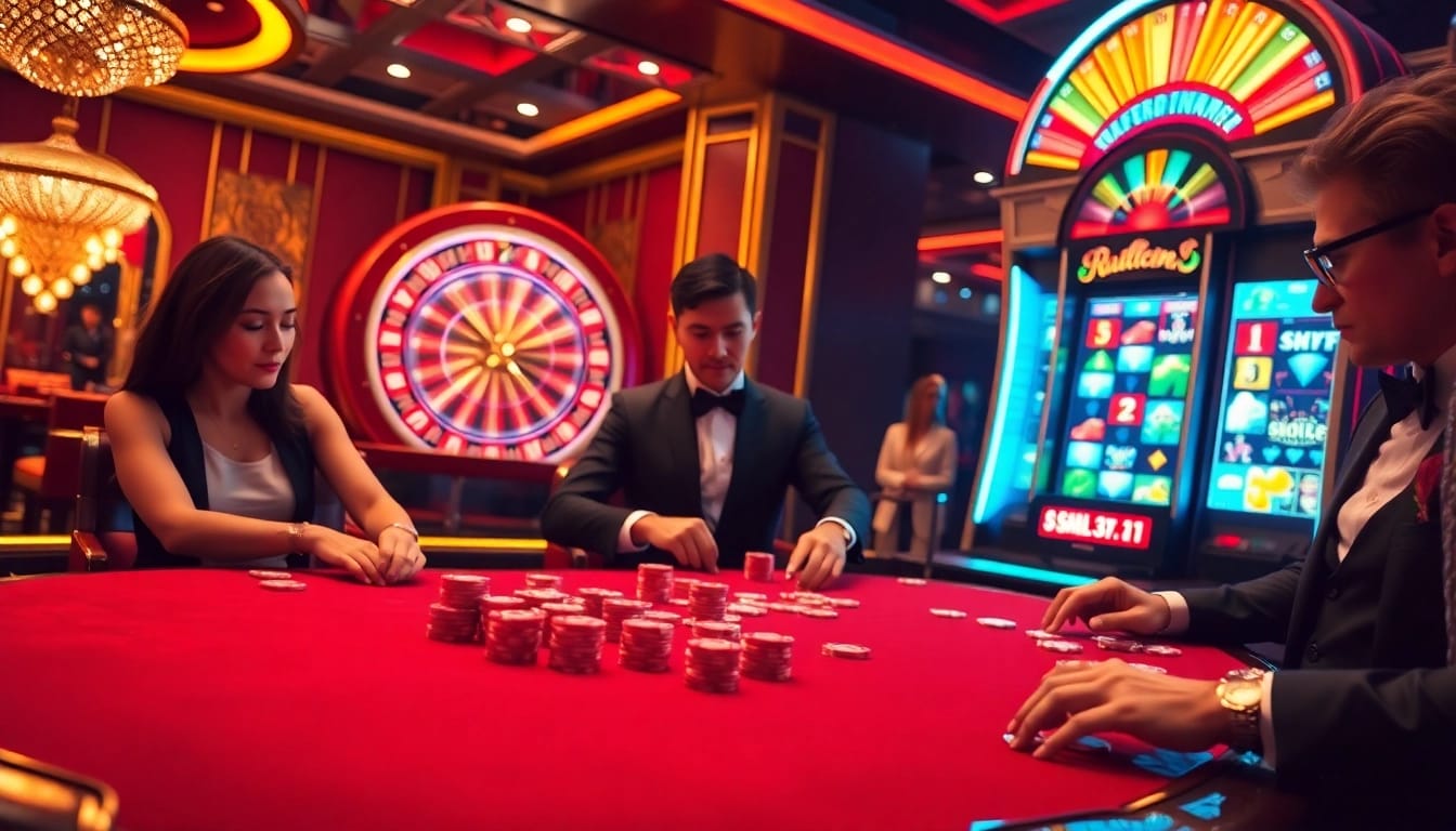 Players enjoying a thrilling poker game at f168.me casino, illuminated by vibrant lighting.