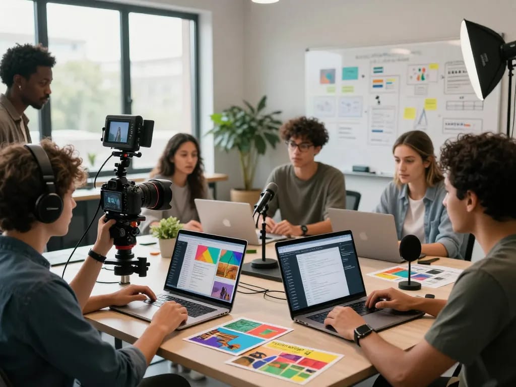 Seedance AI video production team collaborating on innovative projects in a vibrant workspace.