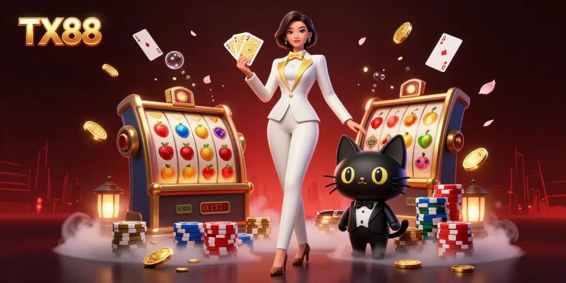 Experience the thrill of TX88 with a glamorous casino illustration featuring card games and sparkling coins.