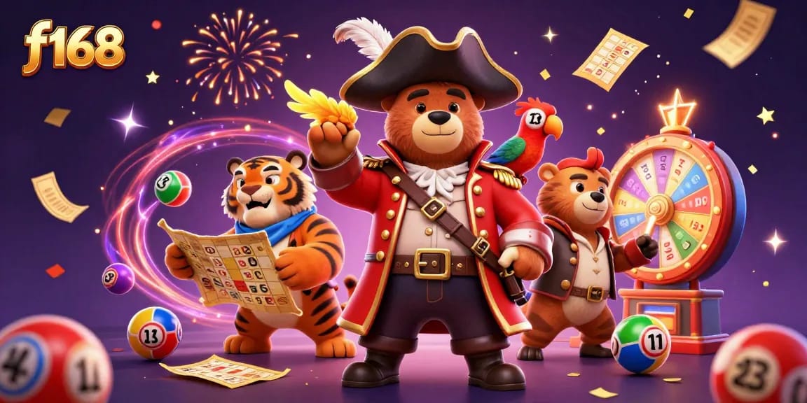 Experience excitement with f168 as vibrant lottery balls bounce among playful pirate characters in a thrilling casino scene.