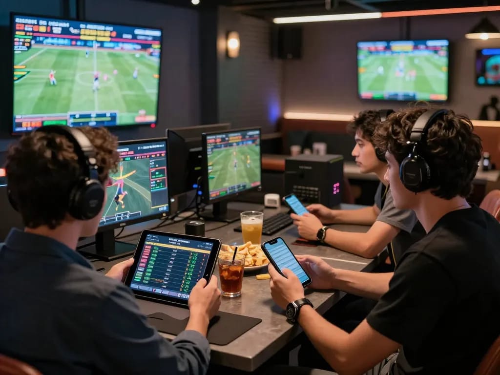 sunwin sports betting excitement in a modern gaming lounge with friends