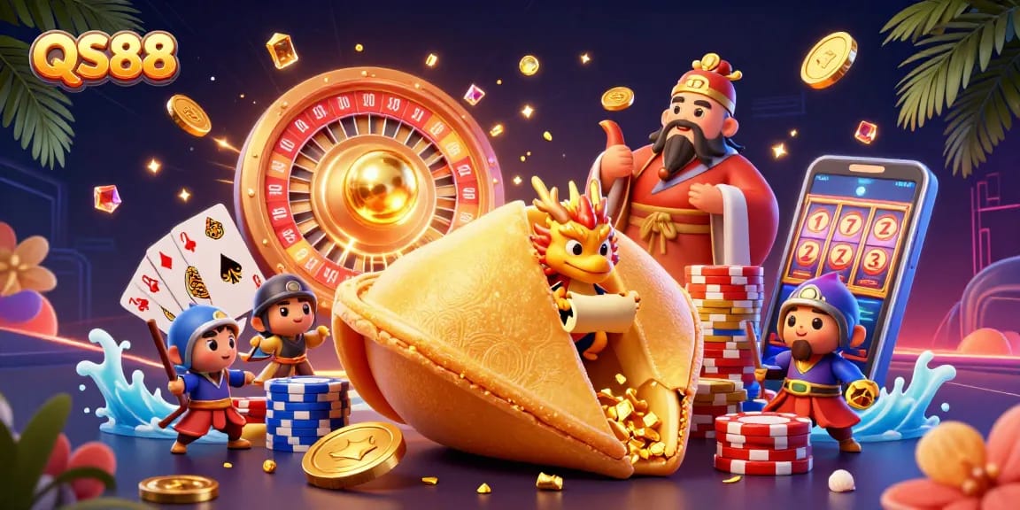 Experience winning moments at QS88, featuring a golden fortune cookie, dragon, and casino excitement.