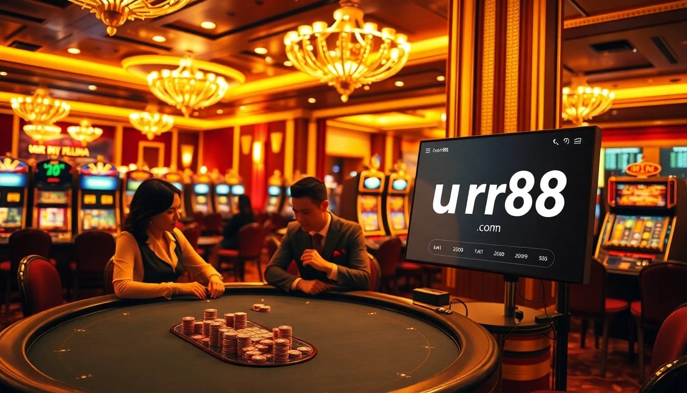Visualize a vibrant casino scene with players at a table showcasing poker strategy, featuring https://urr88.com/ prominently displayed.