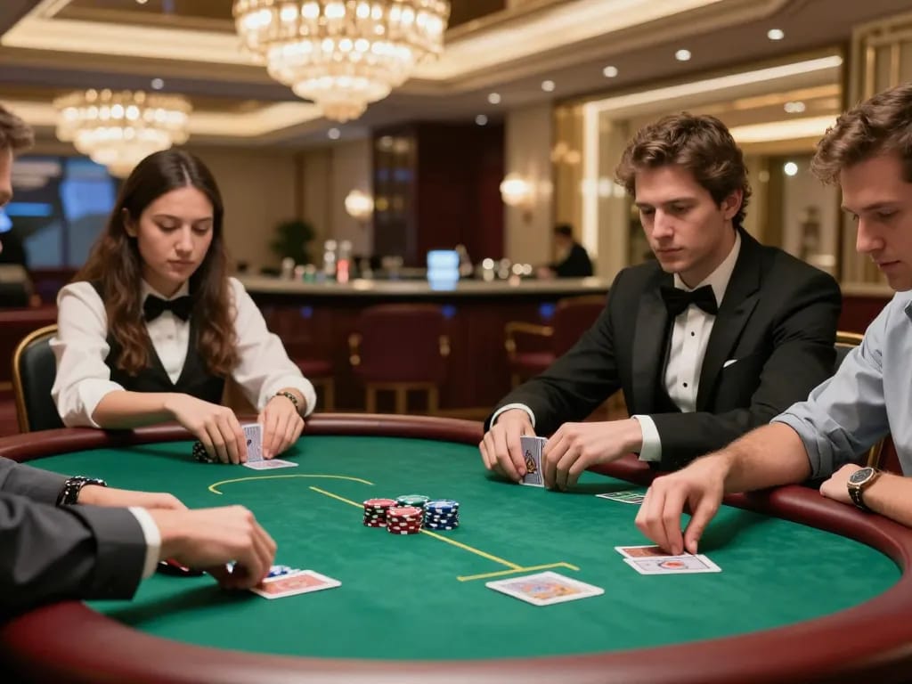 Engaged players strategizing at a poker table in a luxurious casino setting on uu88.com.