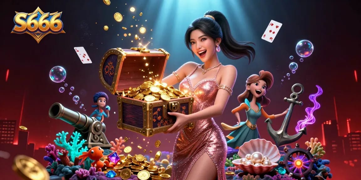 S666 offers a vibrant treasure-filled casino experience with overflowing gems and joyous celebrations.