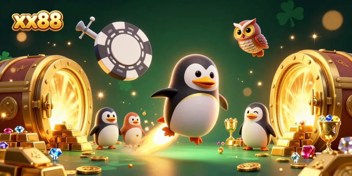 Spin the reels with xx88's vibrant casino adventure featuring a golden penguin and treasures.