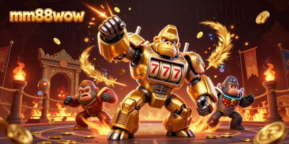 Experience action with the mm88wow golden gorilla mech amidst dynamic casino elements.