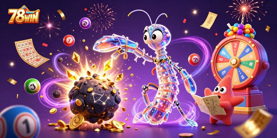 Engage with 78WIN’s vibrant gaming adventure featuring samurai shrimp amidst jewels and lottery balls.