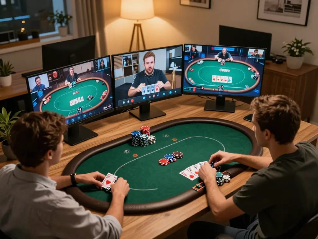 Players engaging in a thrilling max88 online poker game, showcasing strategy and excitement in home setup.