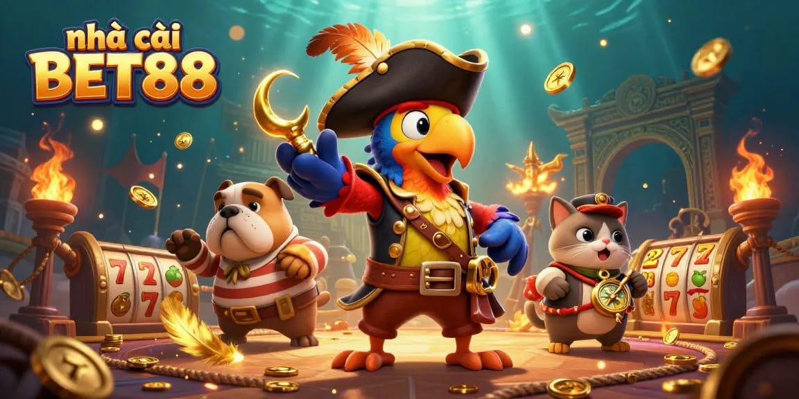 Engage and win at nhà cái BET88 with a vibrant 3D casino-themed illustration showcasing excitement and gambling elements.