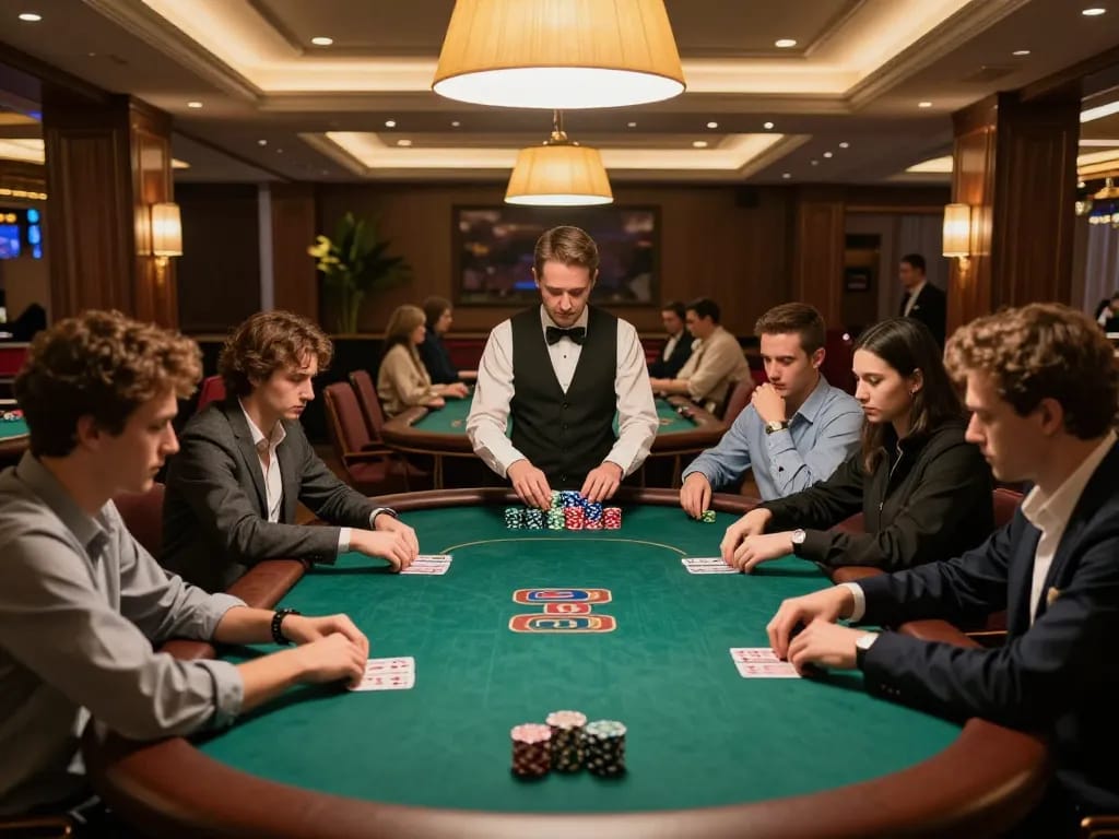 Vin88 poker players strategizing in a luxurious casino game room at a poker table.
